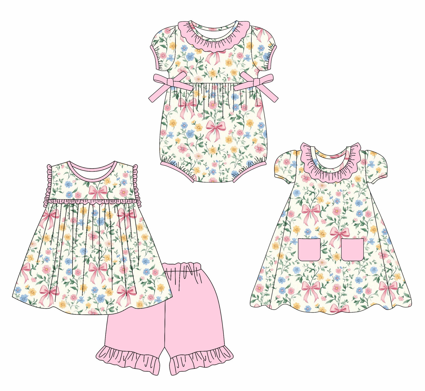 2.15 custom each style moq 5eta 4-6week Sibling Sisters bow floral baby girl short sleeve shorts sets and dress and rompers match family design