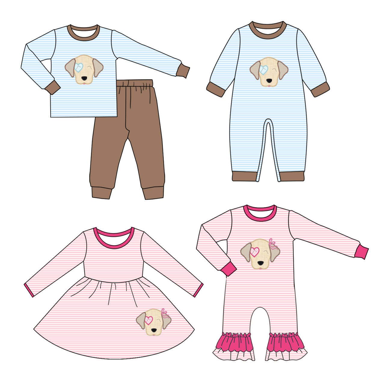 25.9.8 custom each style moq 5 eta 4-6week Sibling Sisters puppy baby girl long sleeve pants sets and romper 2 and dress match family design