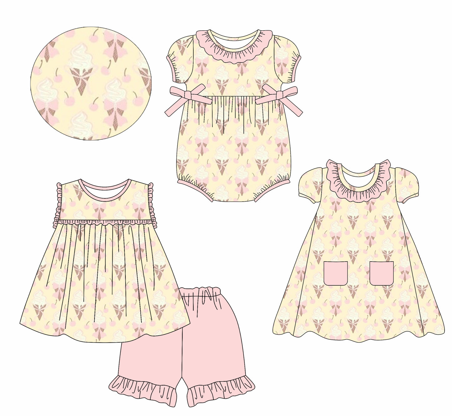 2.22 custom each style moq 5eta 4-6week Sibling Sisters ice cream baby girl short sleeve shorts sets and dress and rompers match family design