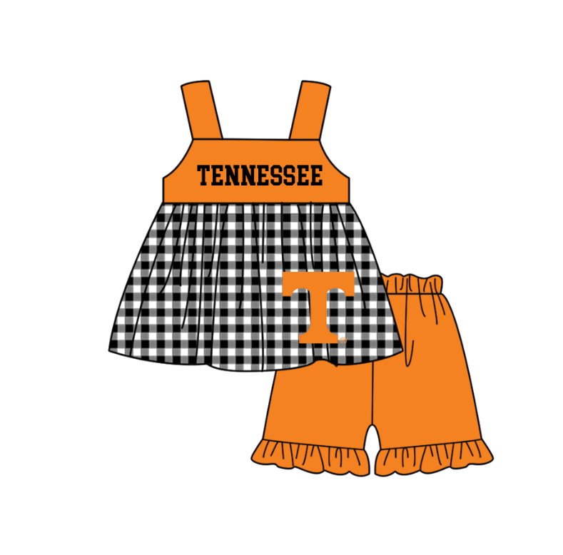 Custom moq 5 mix size milk silk summer teams baby girl boys clothes Orange Black and white checkered short sleeve shorts sets 3 and dress and rompers 2 series
