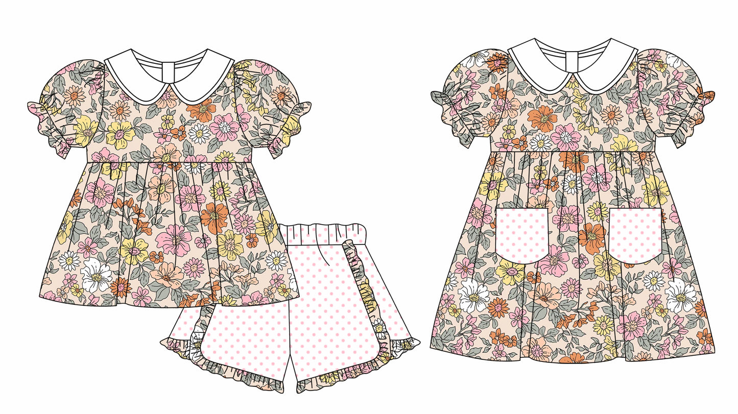 11.3 custom each style moq 5eta 4-6week Sibling Sister floral baby girl short sleeve shorts sets and briefs sets and dresses match design