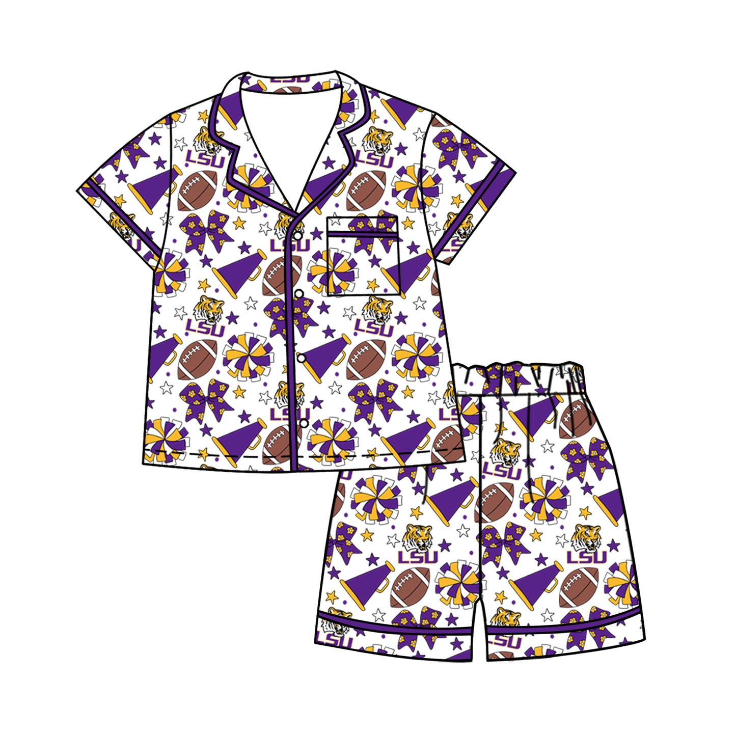 Custom moq 5 mix size milk silk summer teams Baby Girls Purple Bows Button Pocket Top Short Pajamas Sets Cute Infant Sleepwear