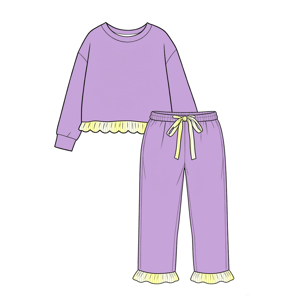custom moq 5 mix size Baby Girls Light Purple Long Sleeve Top With Yellow Striped Ruffle Hem Jogger Pants Casual Outfit