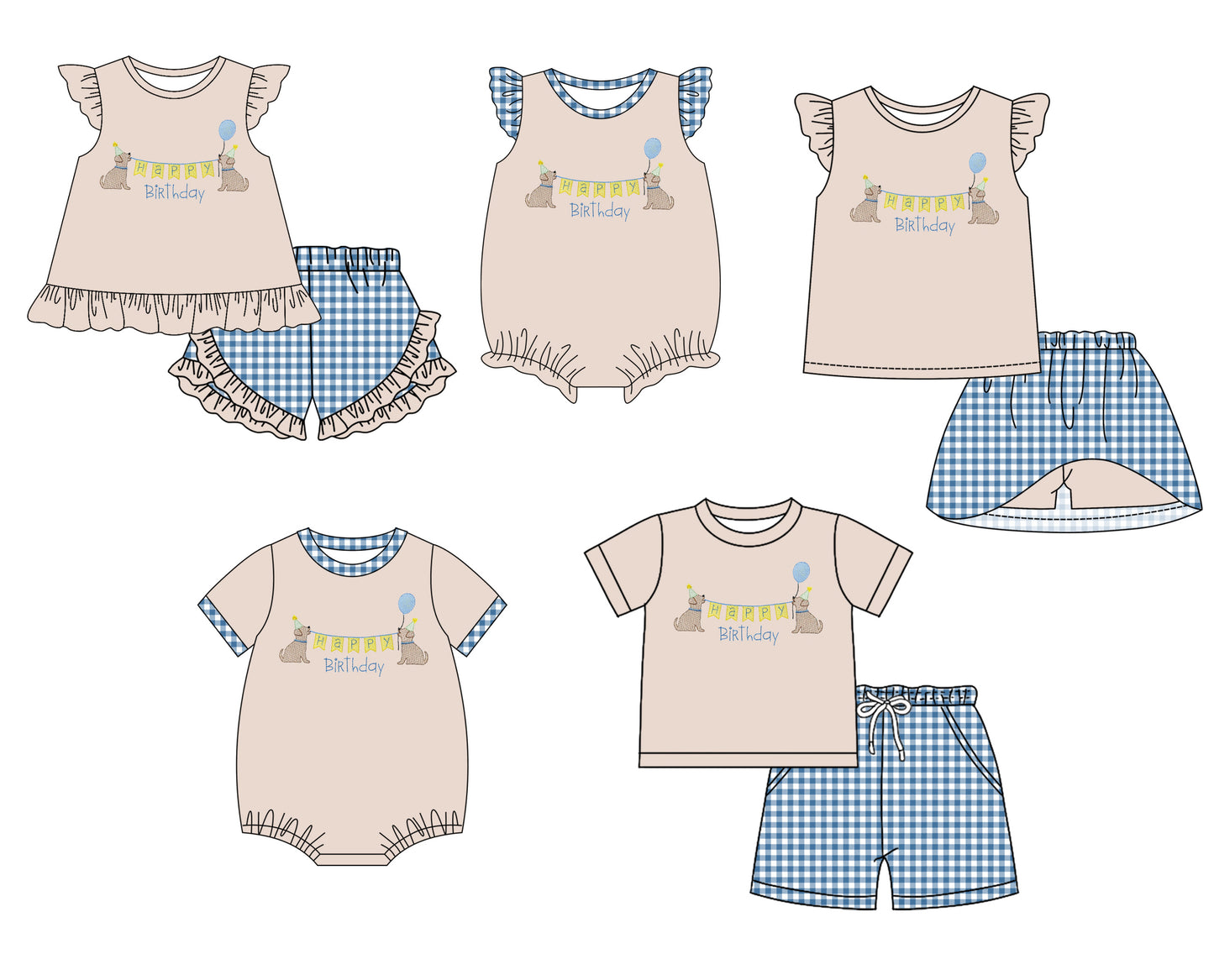 11.30 custom each style moq 5eta 4-6week Sibling Sister BIRTHDAY puppy baby girl short sleeve shorts sets and sets 2 and girls romper and boy romper and dress match design