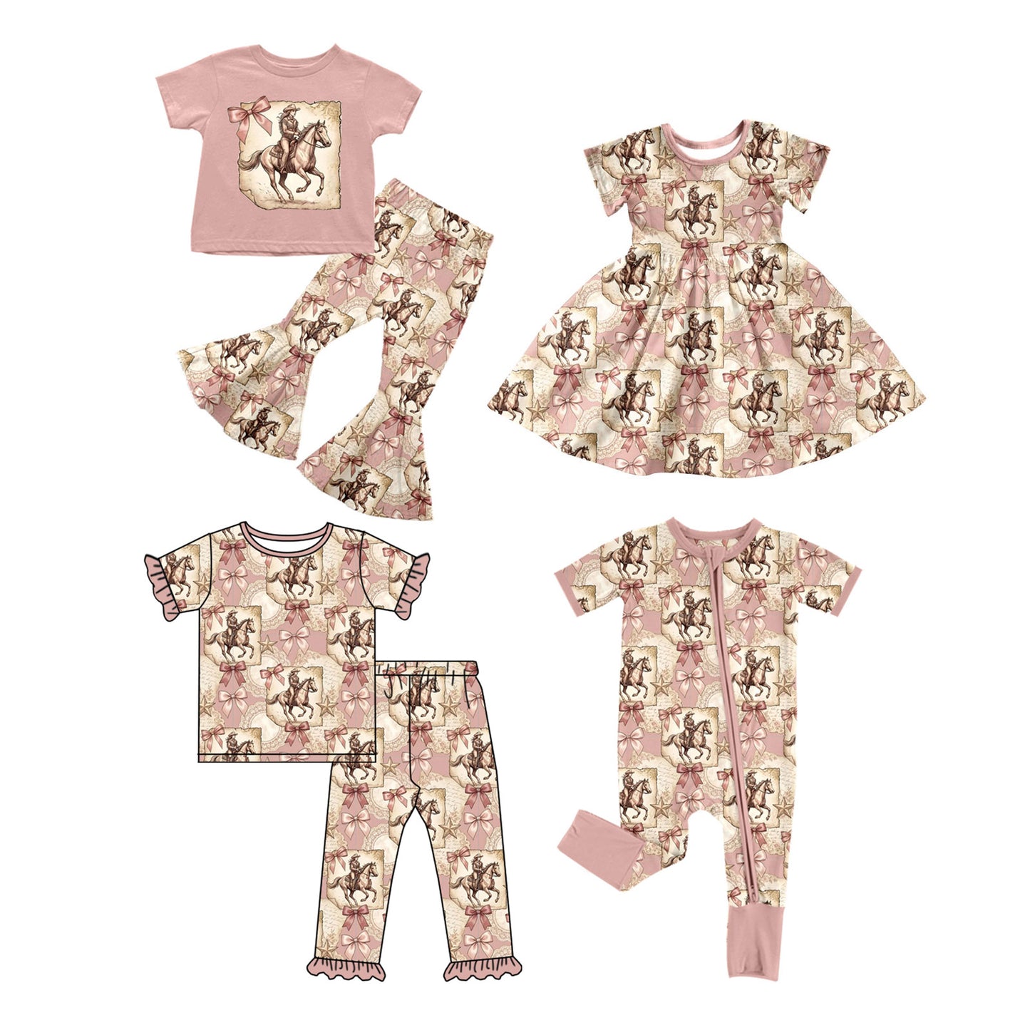 Custom moq 5 mix size Sibling Pink Baby Girl Short-Sleeved Pajama Set Short-sleeved flared pants suit Zipper Romper And Dress Outfit