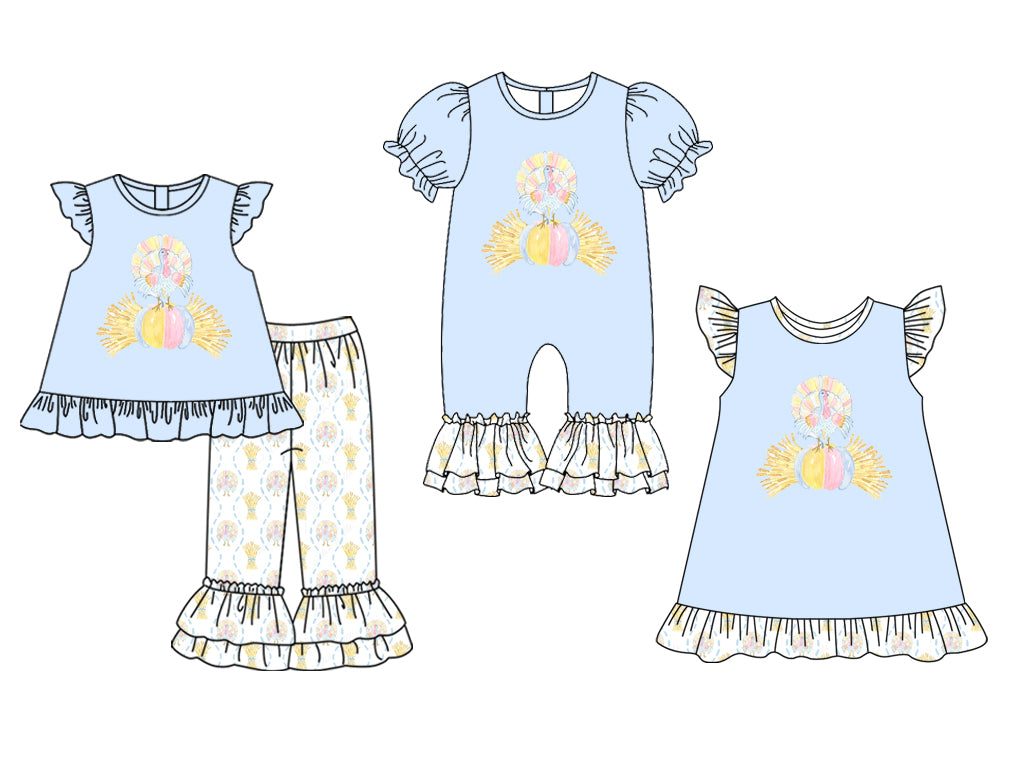 25.5.17 custom each style moq 5eta 4-6week Sibling Sisters pumpkin turkey baby girl short sleeve pants sets and dress and rompers match family design