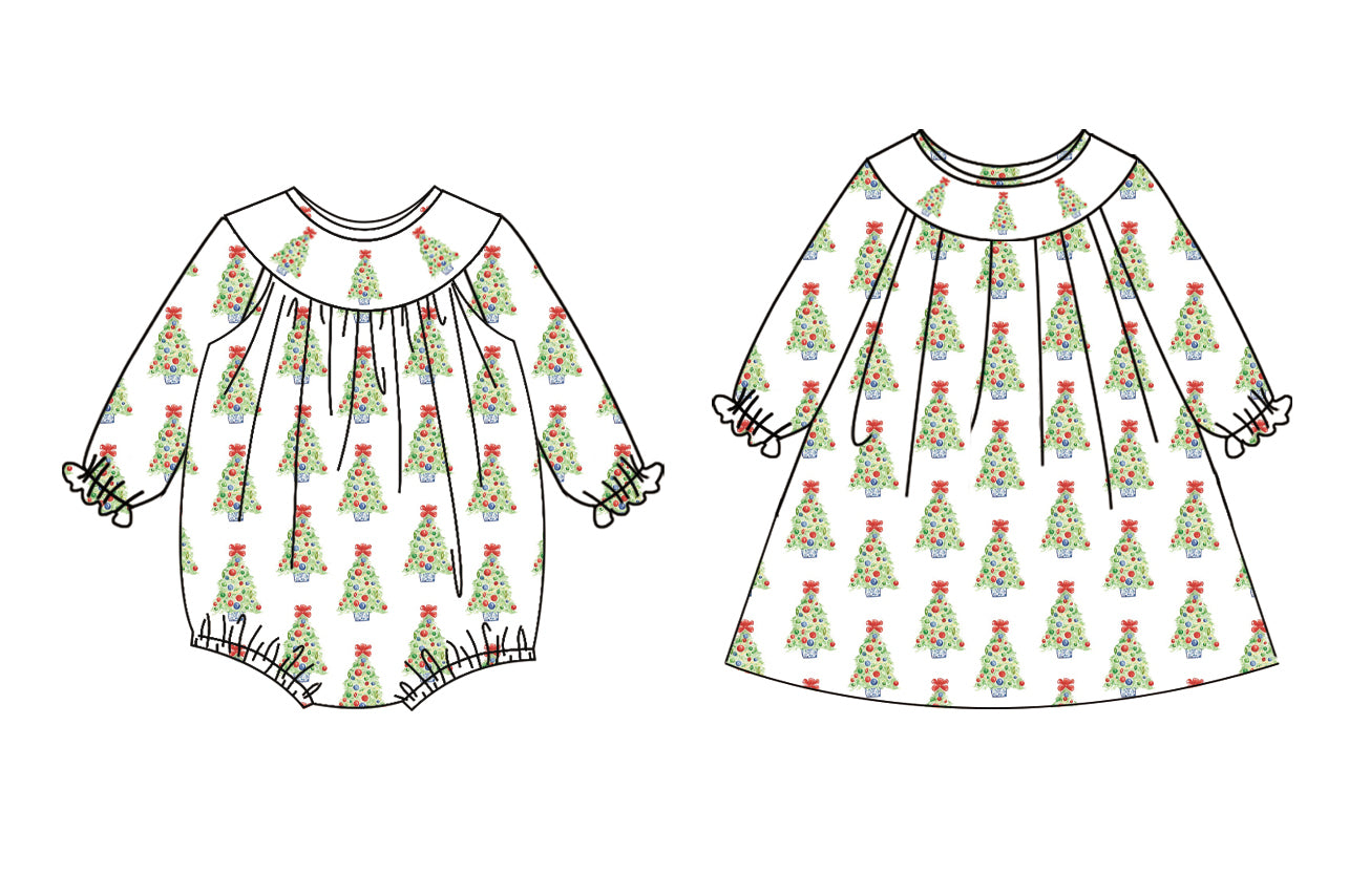 25.5.19 custom each style moq 5eta 4-6week Sibling Sisters Christmas trees baby girl long sleeve dress and rompers match family design