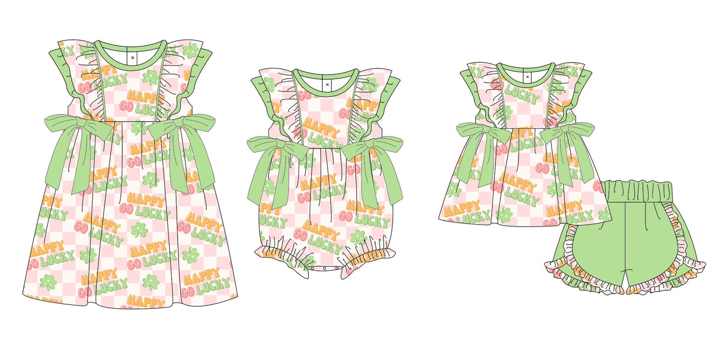 11.11 custom each style moq 5eta 4-6week Sibling Sister HAPPY LUCKY baby girl short sleeve shorts sets and dress and rompers match family design