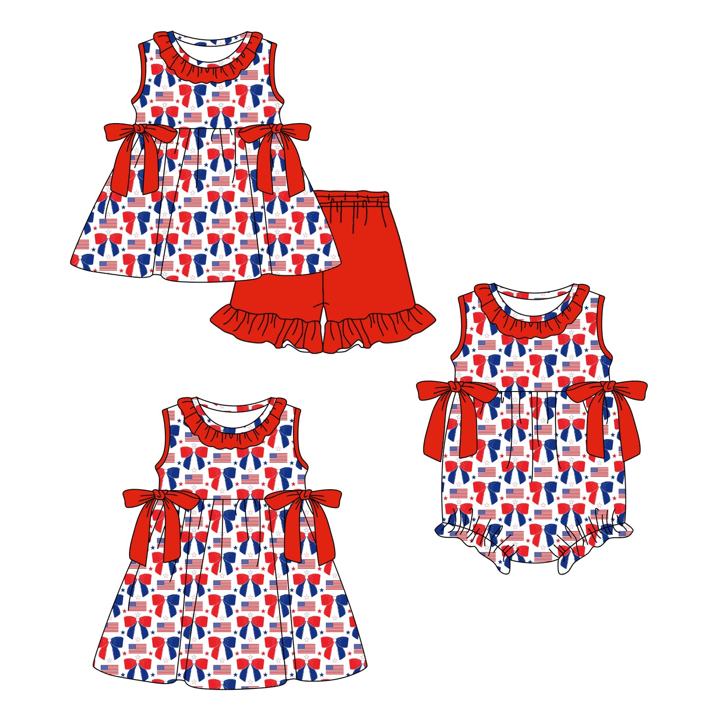 3.2 Custom moq 5 mix size Sibling Baby Girl's 4th of July Sleeveless Top And Shorts Set Cute Romper Dress for Summer
