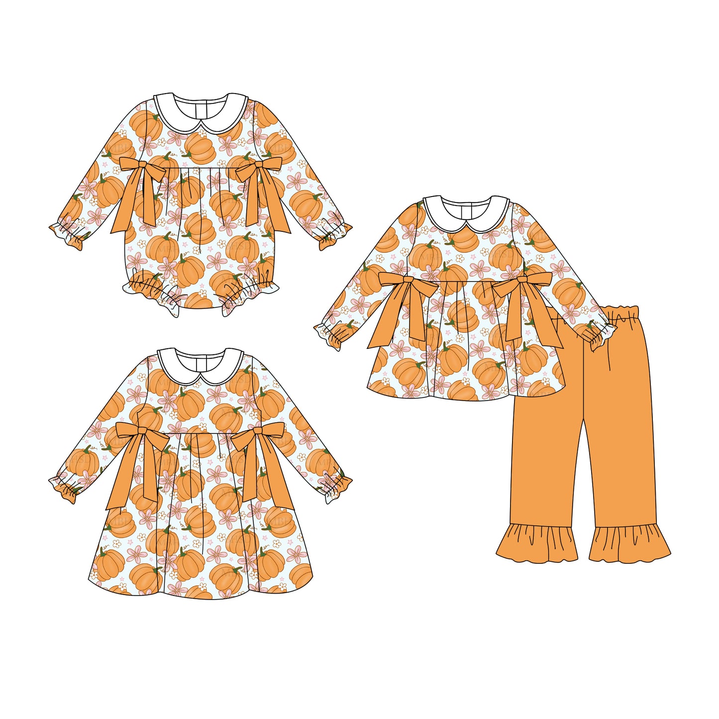 25.7.9 custom each style moq 5eta 4-6week Sibling Sisters pumpkin floral baby girl long sleeve pants sets and dress and rompers match family design