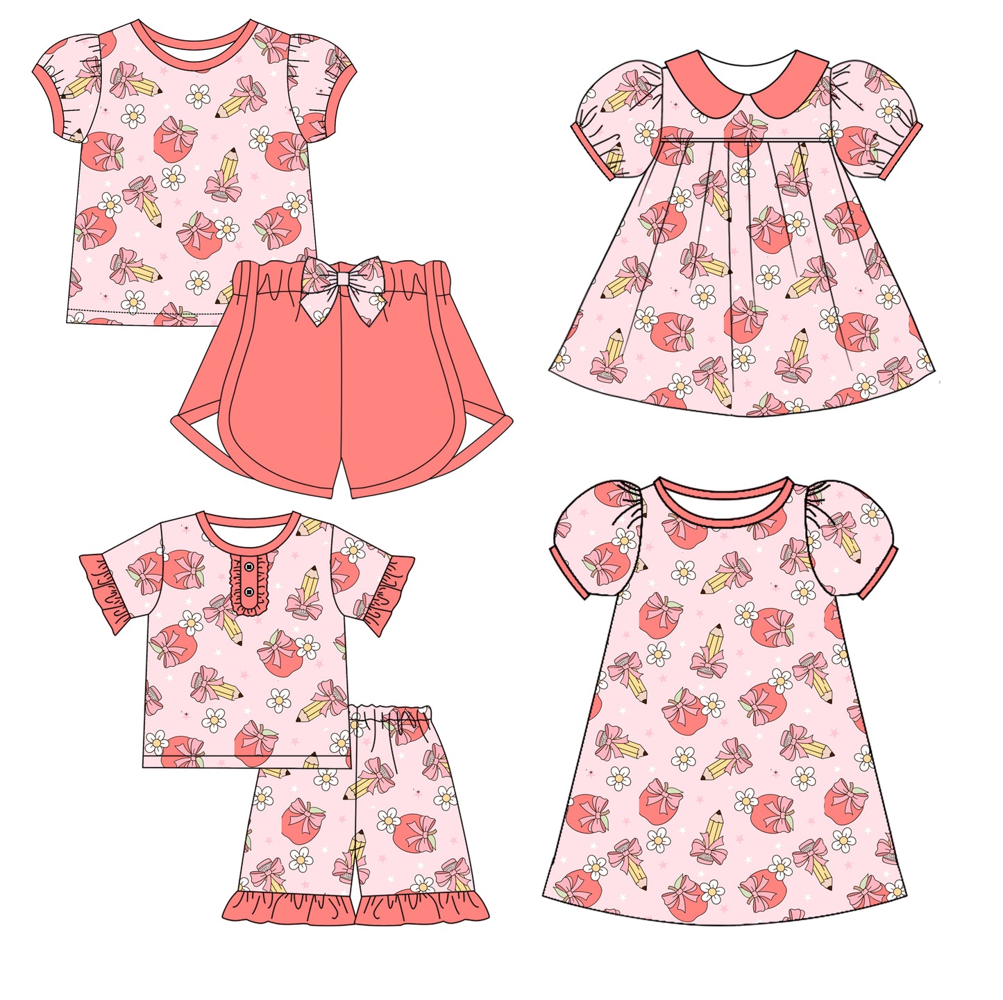 12.31 custom each style moq 5eta 4-6week Sibling Sistes pencil bow floral baby girl short sleeve shorts sets 1 and sets 2 and dress 1 and dress 2 match family design
