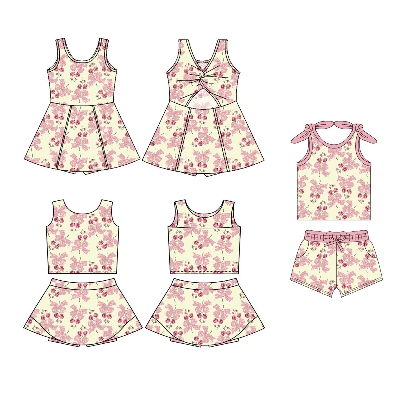 4.25 custom each style moq 5eta 4-6week Sibling Sister bow floral baby girls clothes Short sleeve shorts sets and yoga dress 1 and dress 2 match family design