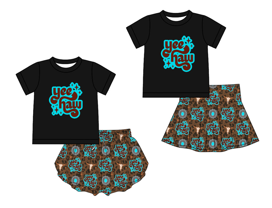 Custom moq 5 mix size Sibling Black Baby Girl's Short-Sleeved Top And Pleated Skirt Yoga Set Comfortable Two-Piece Outfit for Little Girls