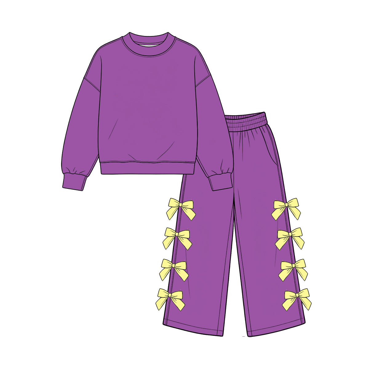 custom moq 5 mix size Baby Girls Purple Long Sleeve Pullover Top And Bow Wide Leg Trouser Outfit