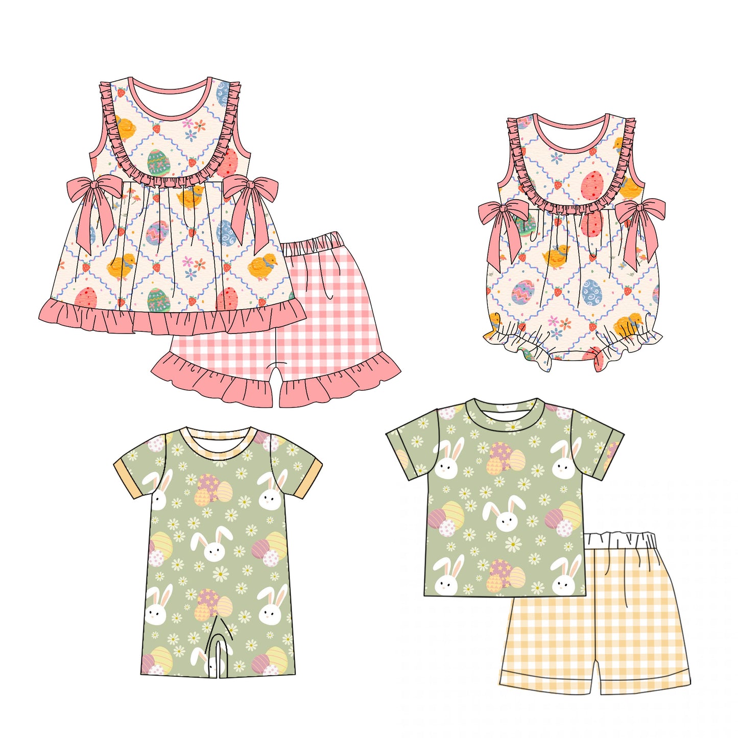 25.12.27 custom each style moq 5 eta 6-8week Sibling Sister bunny baby short sleeve shorts sets 2 and romper 2 match design