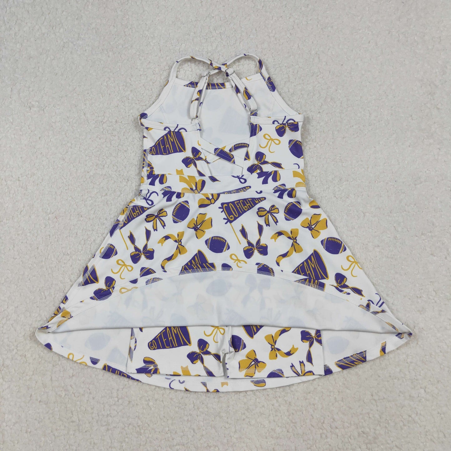 RTS NO MOQ(In Stock) GSD2781 Football flared yellow-purple bow-patterned yoga sleeveless dress