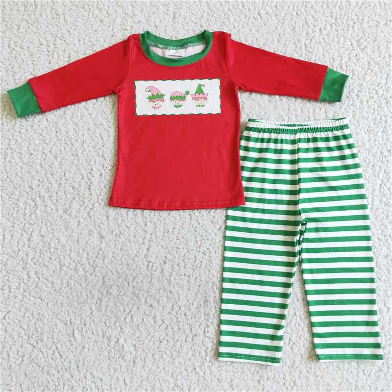Toddler Girls Christmas Elf Embroidery Collection - Red & Green Stripe Peplum Ruffle Pant Set & Boy Style Stripe Pant Set
