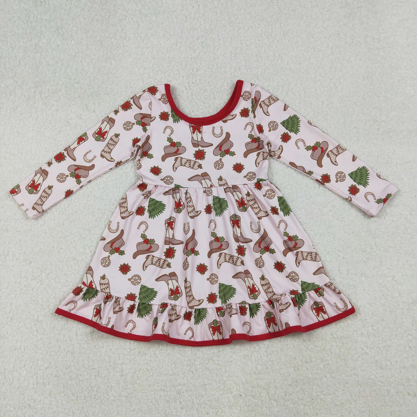 RTS NO MOQ(In Stock) GLD1274 Pink long-sleeved dress with Christmas tree boots and hat