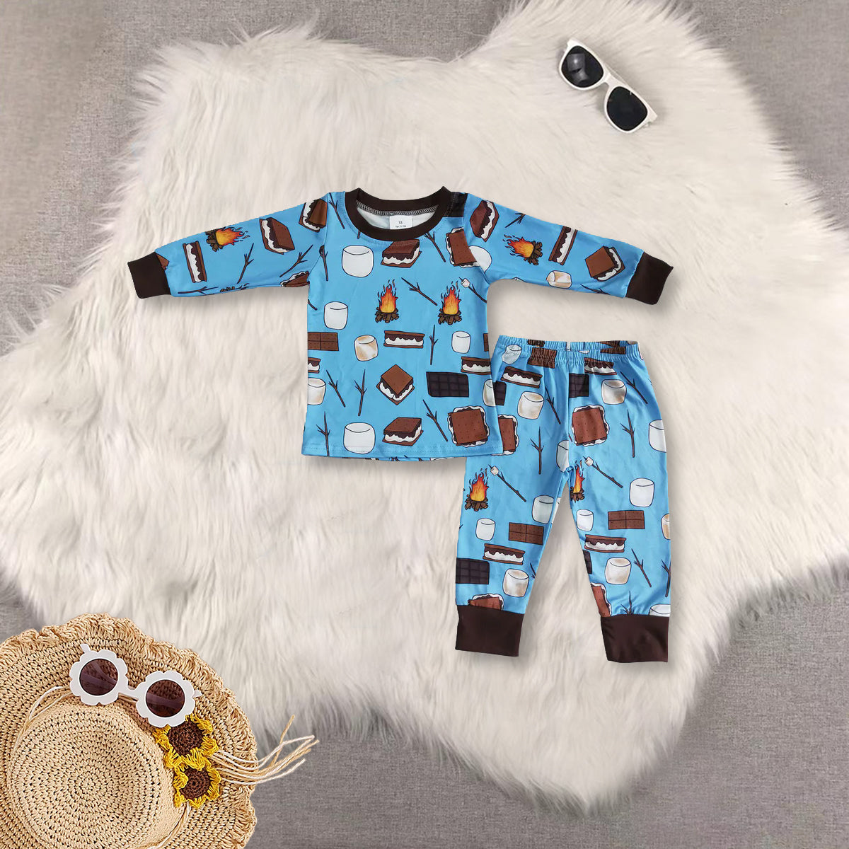 RTS NO MOQ Tiramisu-Bonfire Pattern Long Sleeve Long Pants Pajama Set