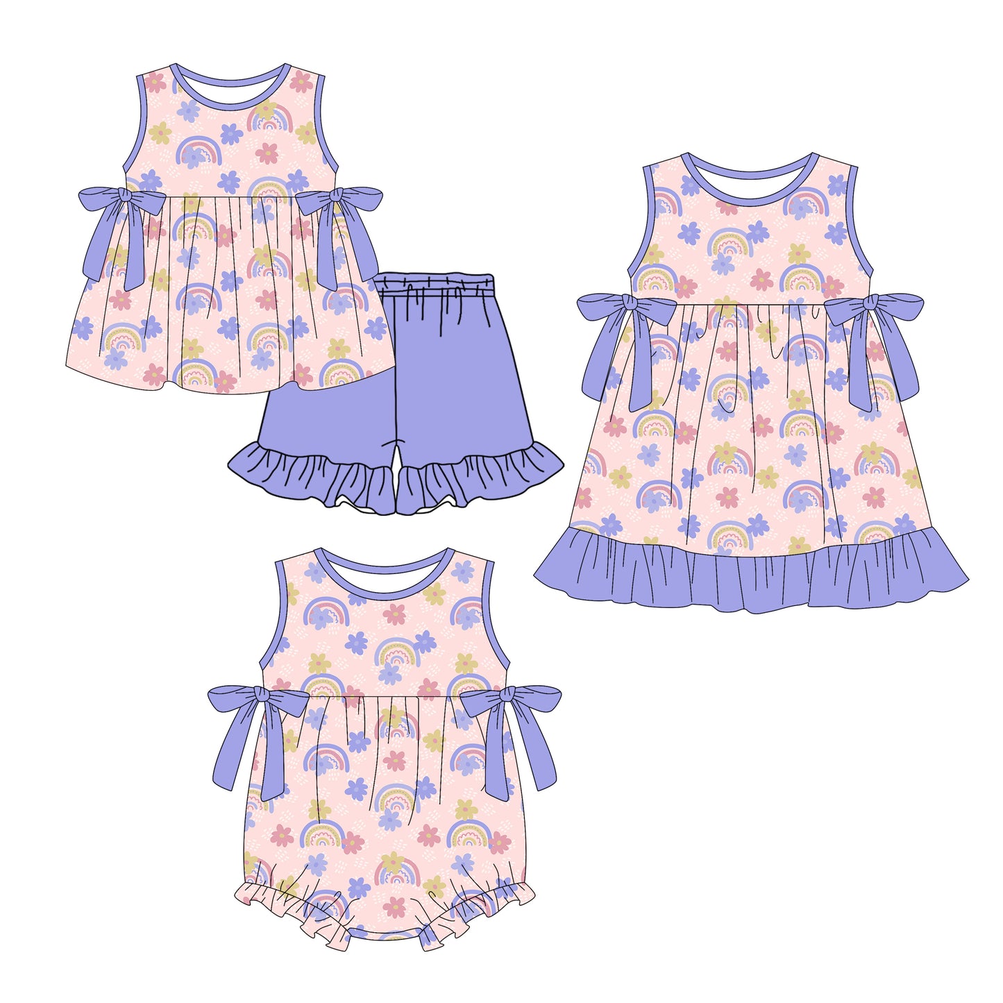 Custom moq 5 mix size Sibling Baby Girl's Purple Sleeveless Top And Shorts Set Cute Romper Dress for Summer
