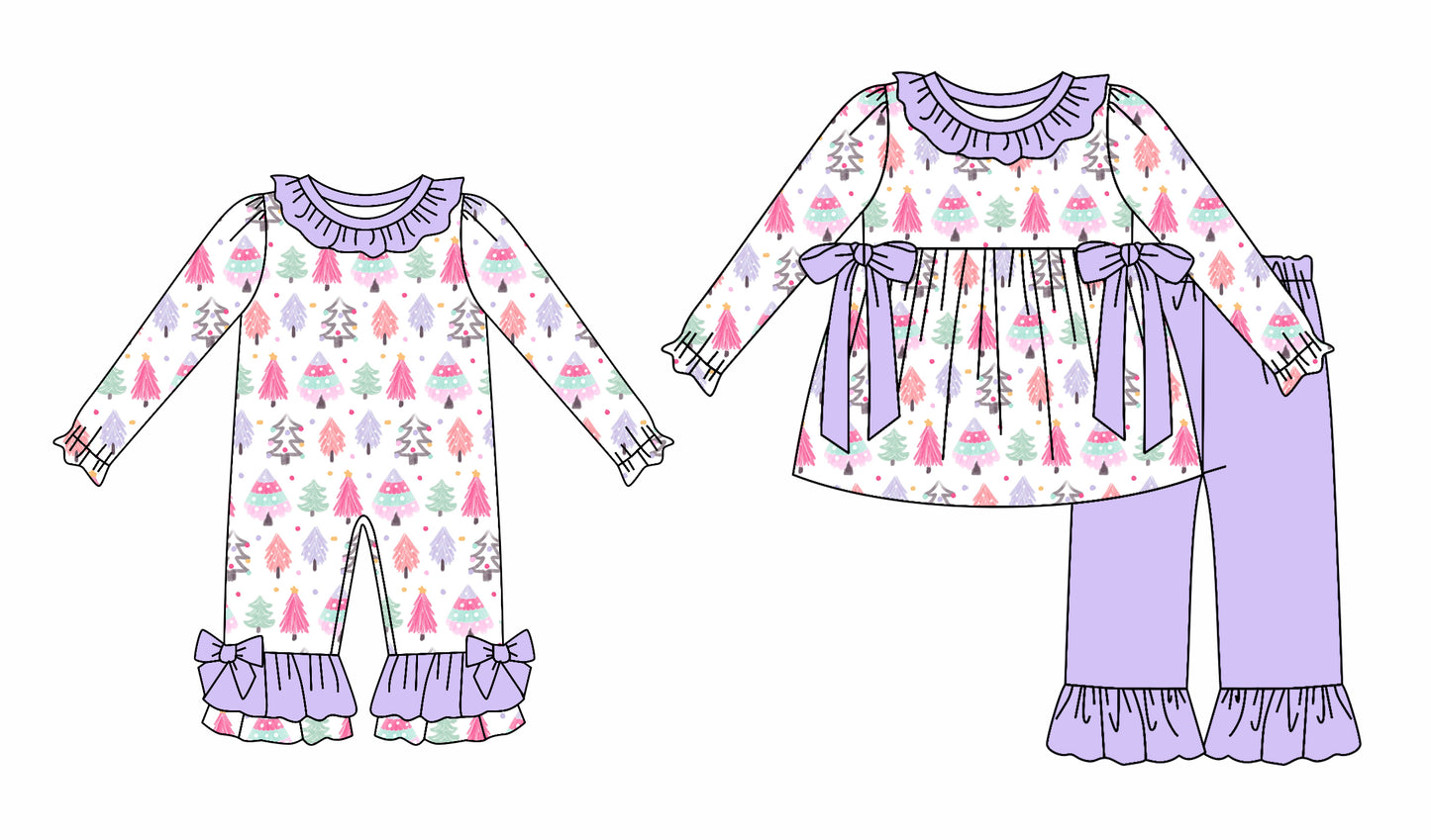25.5.29 custom each style moq 5eta 4-6week Sibling Sisters Christmas trees baby girl long sleeve pants sets and rompers match family design