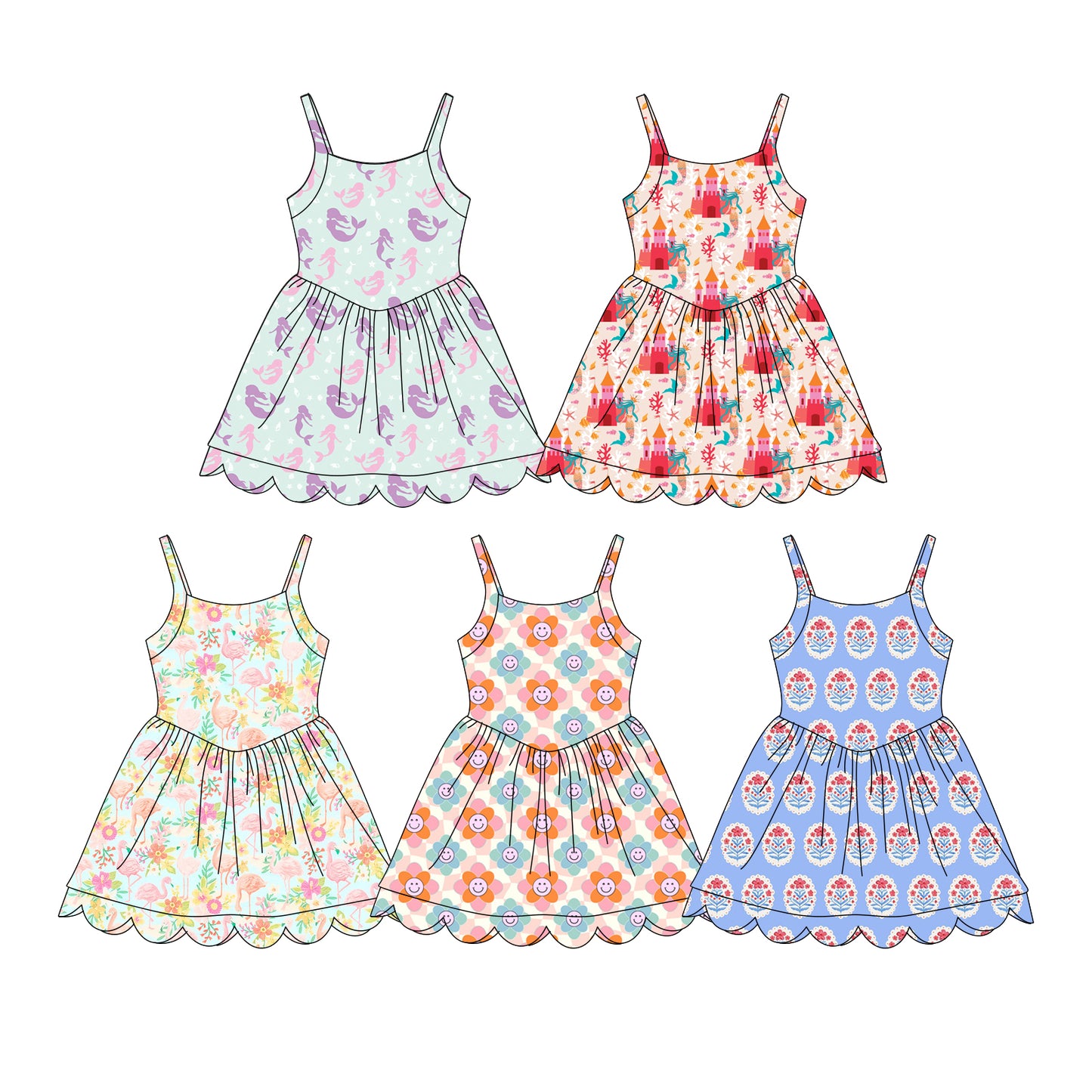 Custom moq 5 mix size Sibling Floral Print Baby Girl's Dress Sleeveless Knee-Length Clothing