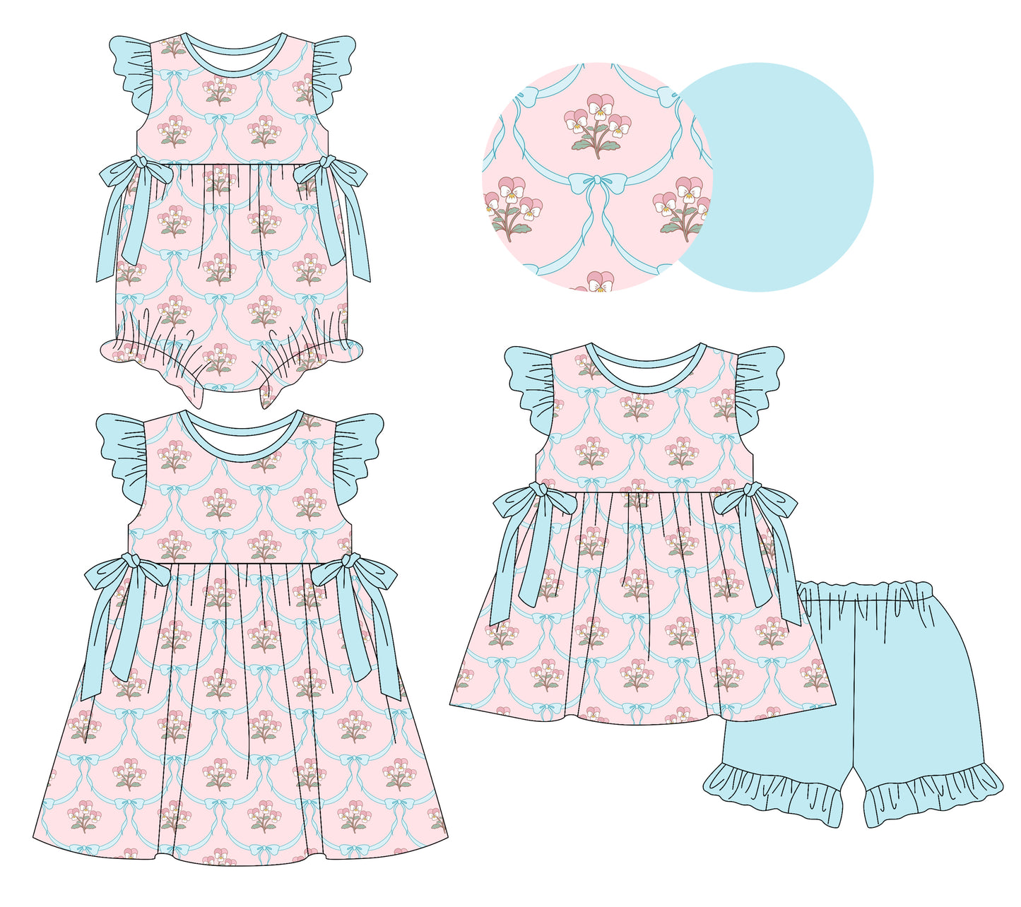 25.12.18 custom each style moq 5 eta 6-8week Sibling Sister bow floral baby short sleeve shorts sets and romper and dress match design