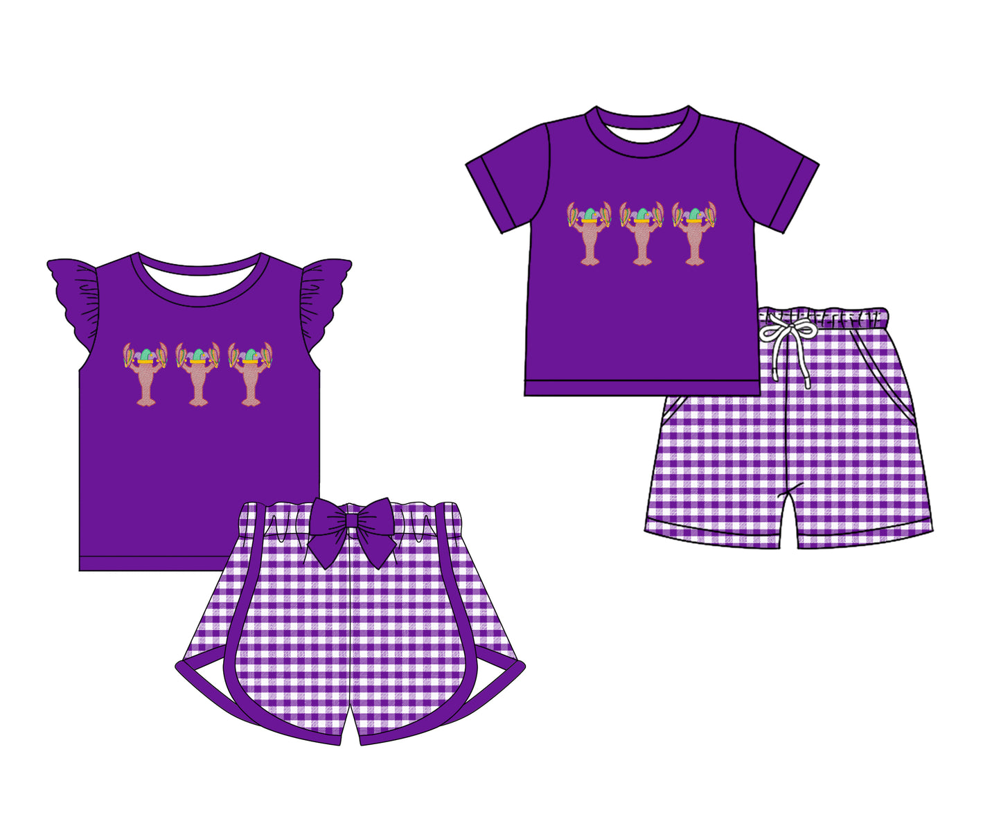 12.13 custom each style moq 5eta 4-6week Sibling Sister lobster purple baby girl short sleeve shorts fish sets 1 and easter sets 2 match design