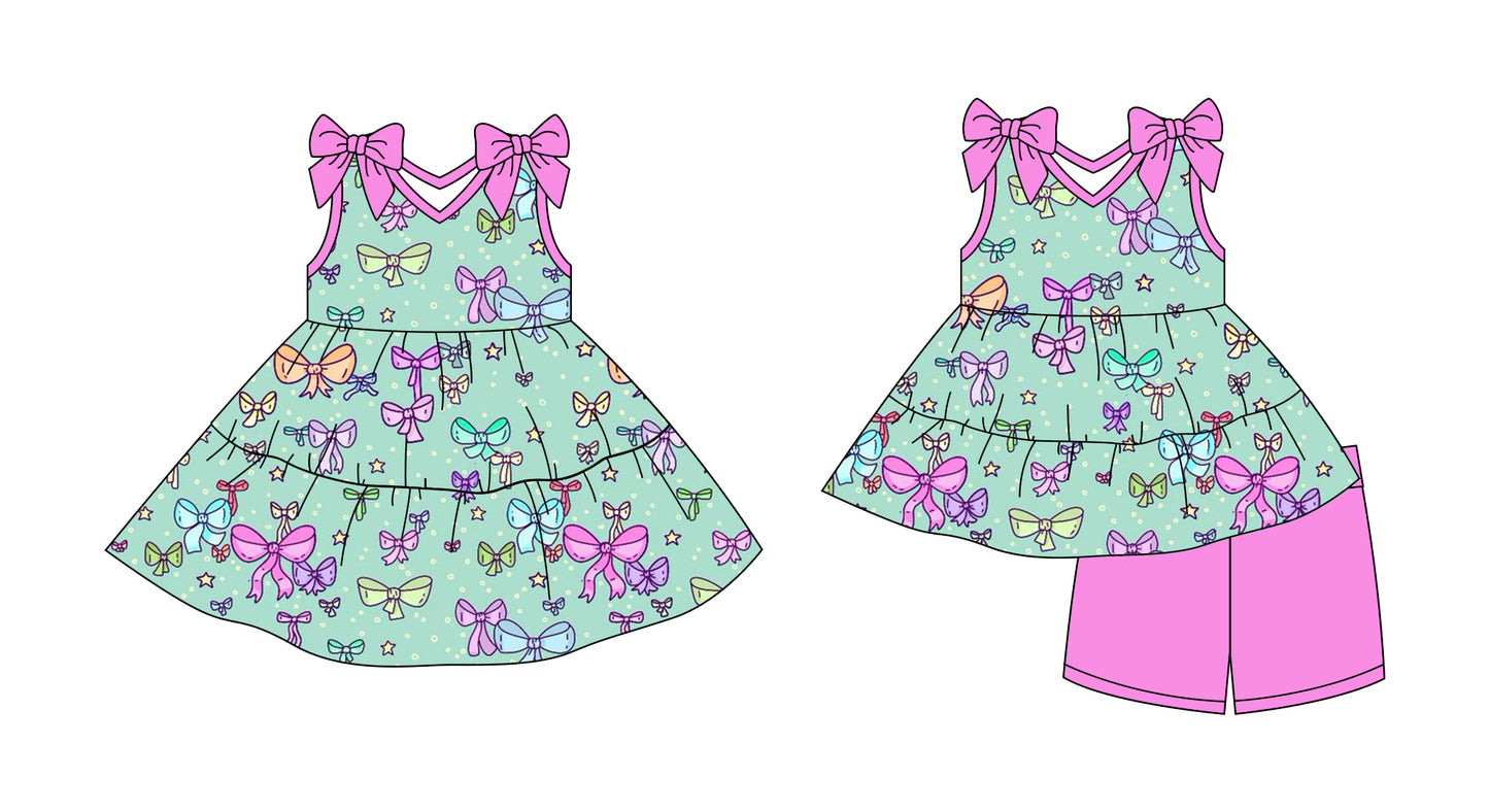 2.28 custom each style moq 5eta 4-6week Sibling Sister bow baby girl short sleeve shorts sets and dresses match design