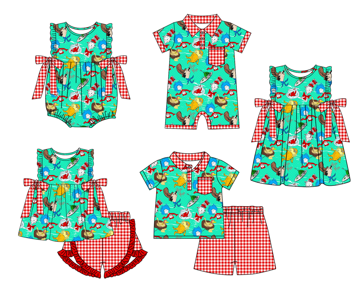 12.19 custom each style moq 5eta 4-6week Sibling Sister dr seuss baby girl short sleeve shorts sets and sets 2 and girls romper and boy romper and dress match design