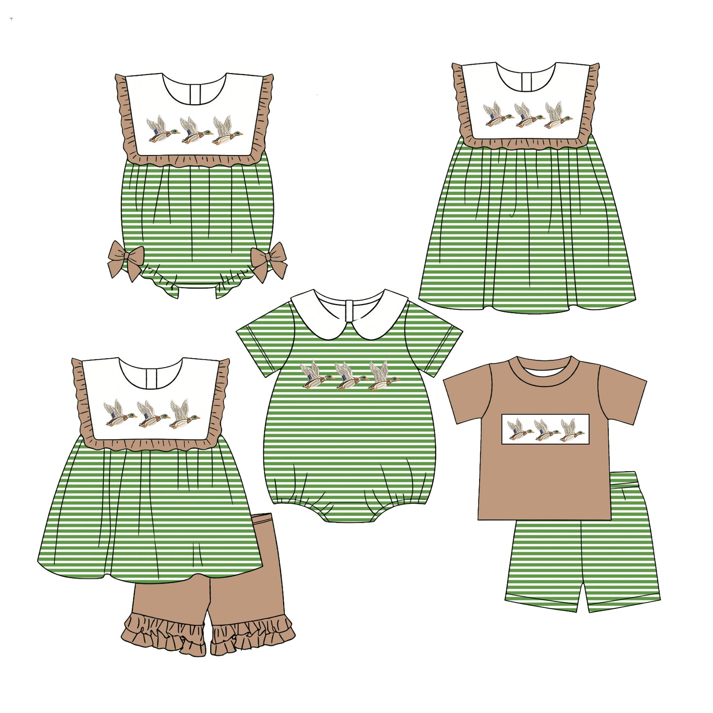 2.27 Custom moq 5 mix size Sibling Baby Girls Boys Green stripes Short-Sleeved Top And Shorts Set Rompers Cute Girls Dress Outfit for Infants