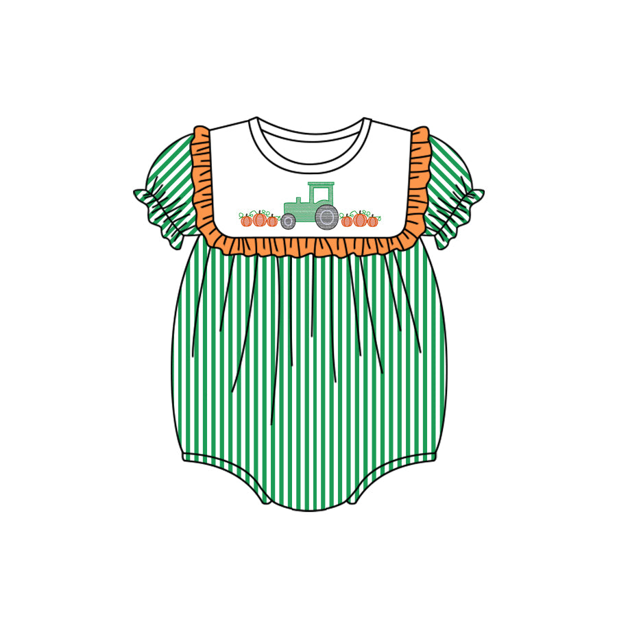 5.18custom each style moq 5eta 4-5week Sibling Sister Country style agricultural vehicle print green stripe stripe girls and boys outfits and baby romper match family design