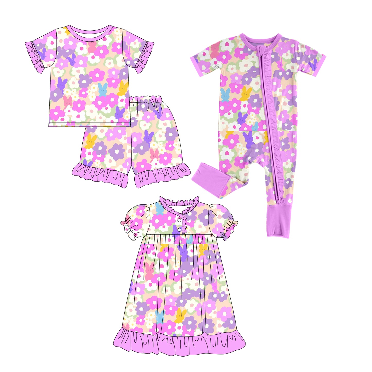 25.12.17 custom each style moq 5 eta 6-8week Sibling Sister bunny floral baby short sleeve shorts sets and romper and dress match design