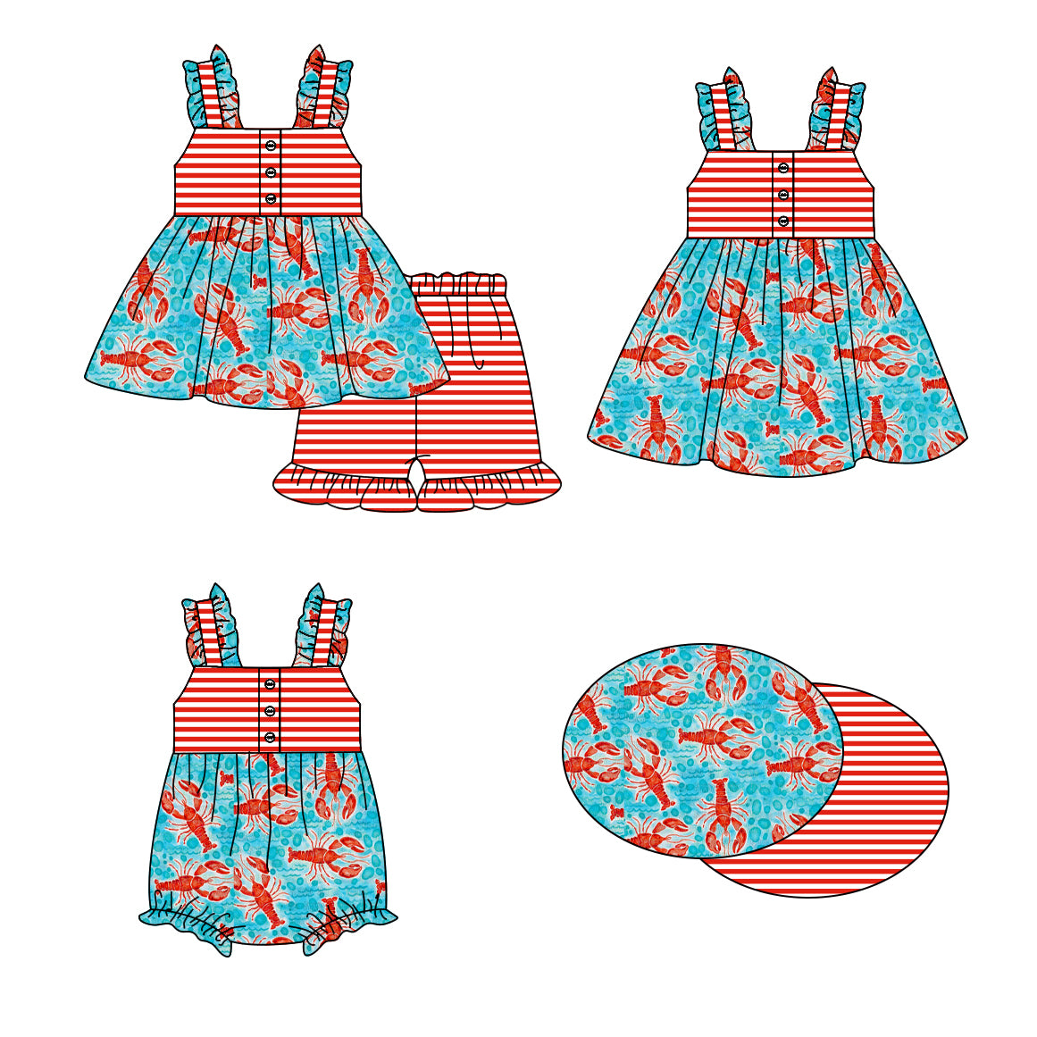 1.16 custom each style moq 5eta 4-6week Sibling Sisters crayfish baby girl short sleeve shorts sets and dress and rompers match family design
