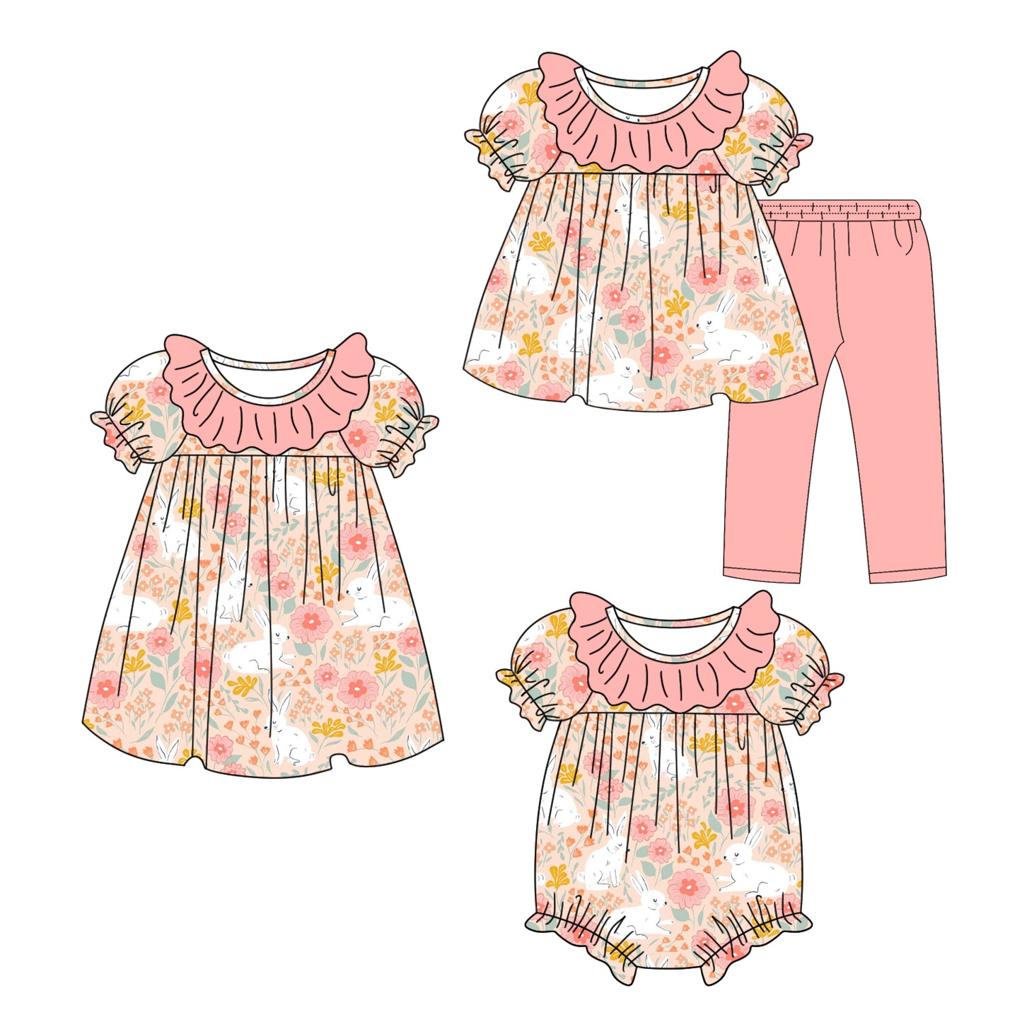 25.9.26 custom each style moq 8 eta 6-8week Sibling Sisters bunny floral baby girl short sleeve pants sets and dress and rompers match family design