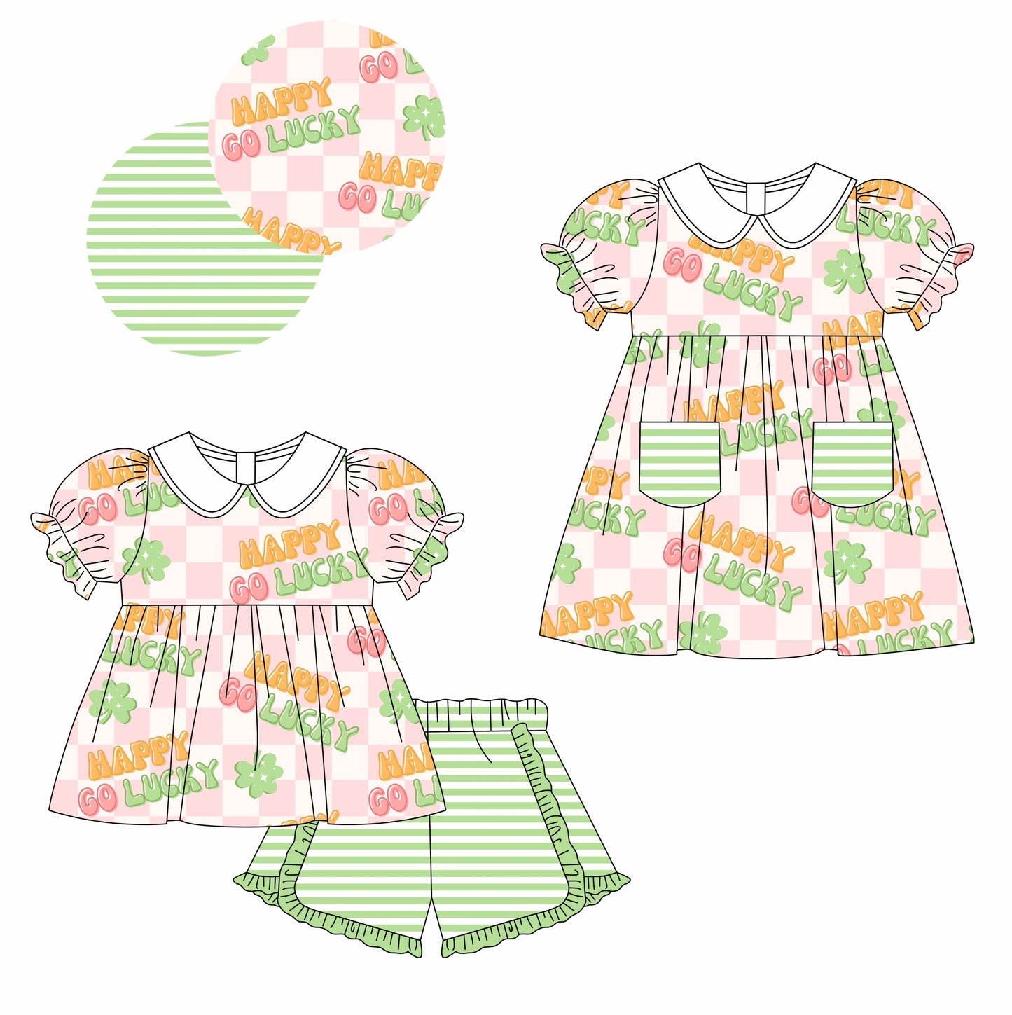11.11 custom each style moq 5eta 4-6week Sibling Sister HAPPY LUCKY baby girl short sleeve shorts sets and dresses match design