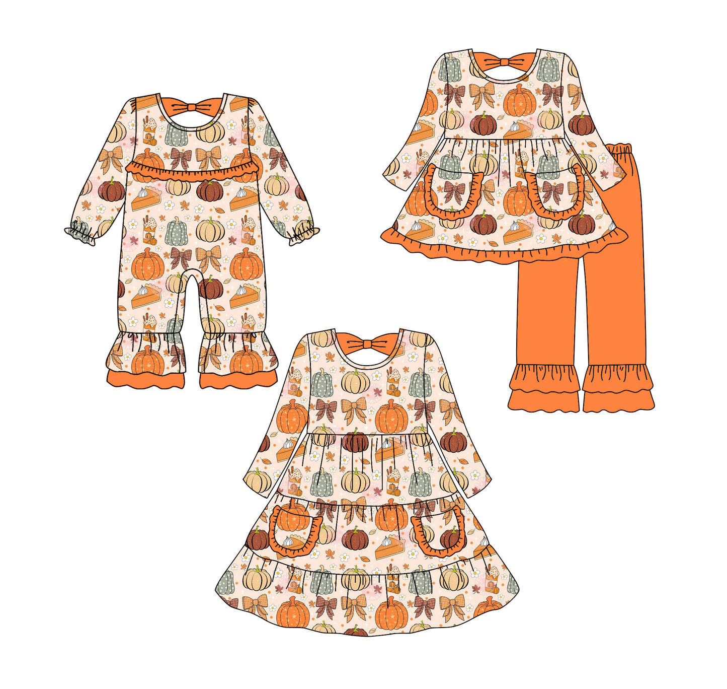 25.6.17 custom each style moq 5eta 4-6week Sibling Sisters pumpkin baby girl long sleeve pants sets and dress and rompers match family design