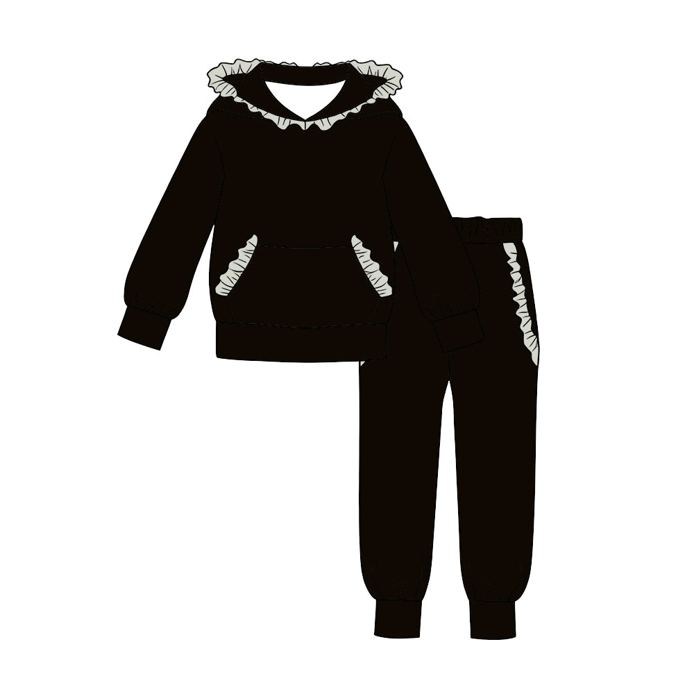 custom moq 5 mix size cotton fabric for girls hoodie sets Black and grey cotton long-sleeve top and trousers set blank offer custom logo