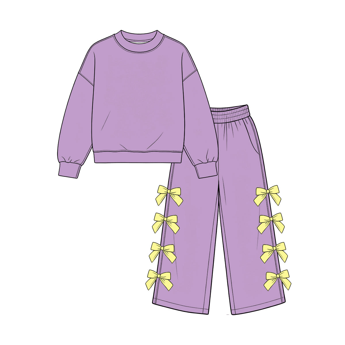 custom moq 5 mix size Baby Girls Lavender Long Sleeve Pullover Top And Bow Wide Leg Trouser Outfit