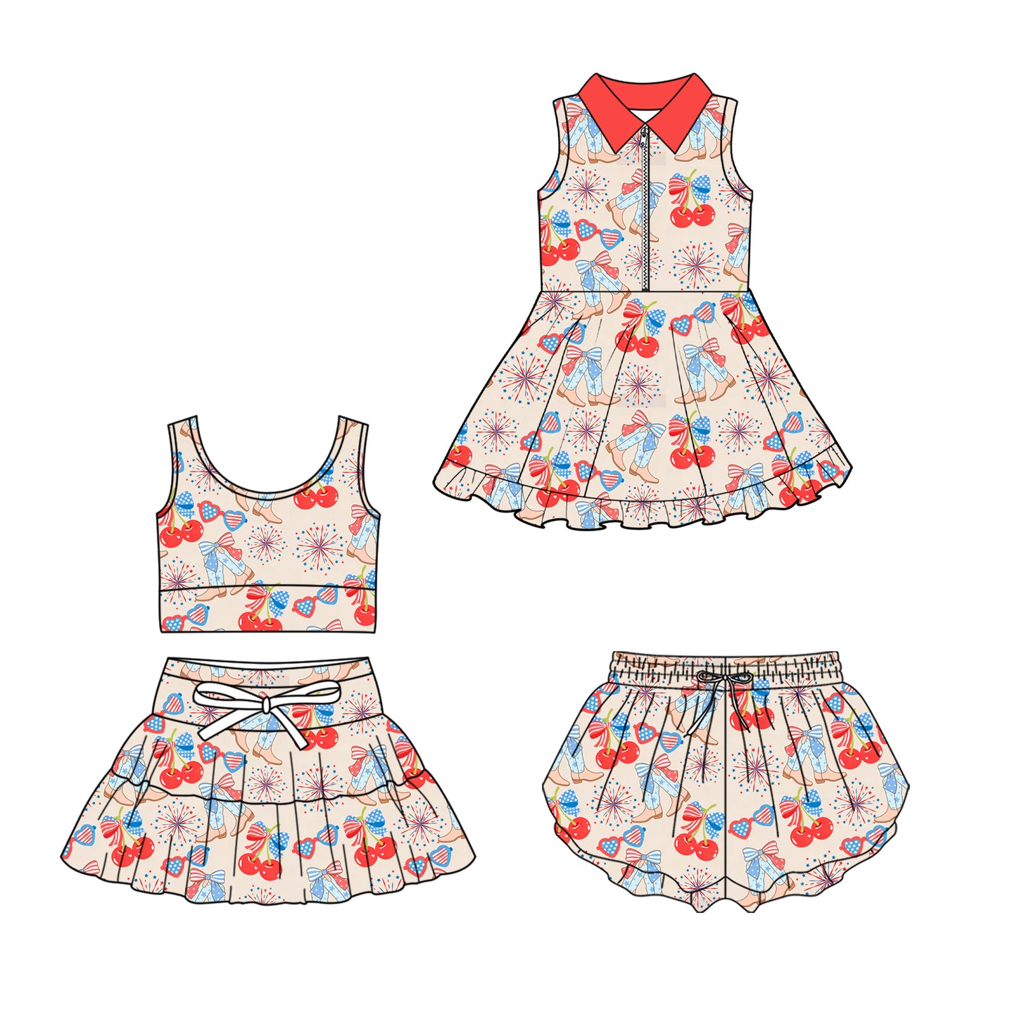 Custom moq 5 mix size Sibling Baby Girls 4th of July Sleeveless Yoga Top And Skirt Set Kids Yoga Dress Comfortable Sportswear with Shorts