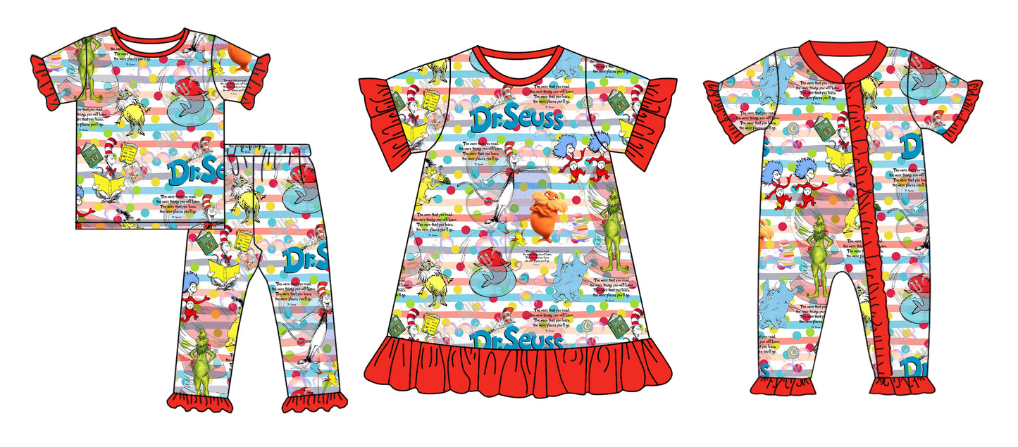 12.11 custom each style moq 5eta 4-6week Sibling Sister dr seuss red baby girl sets and dress and rompers match family design