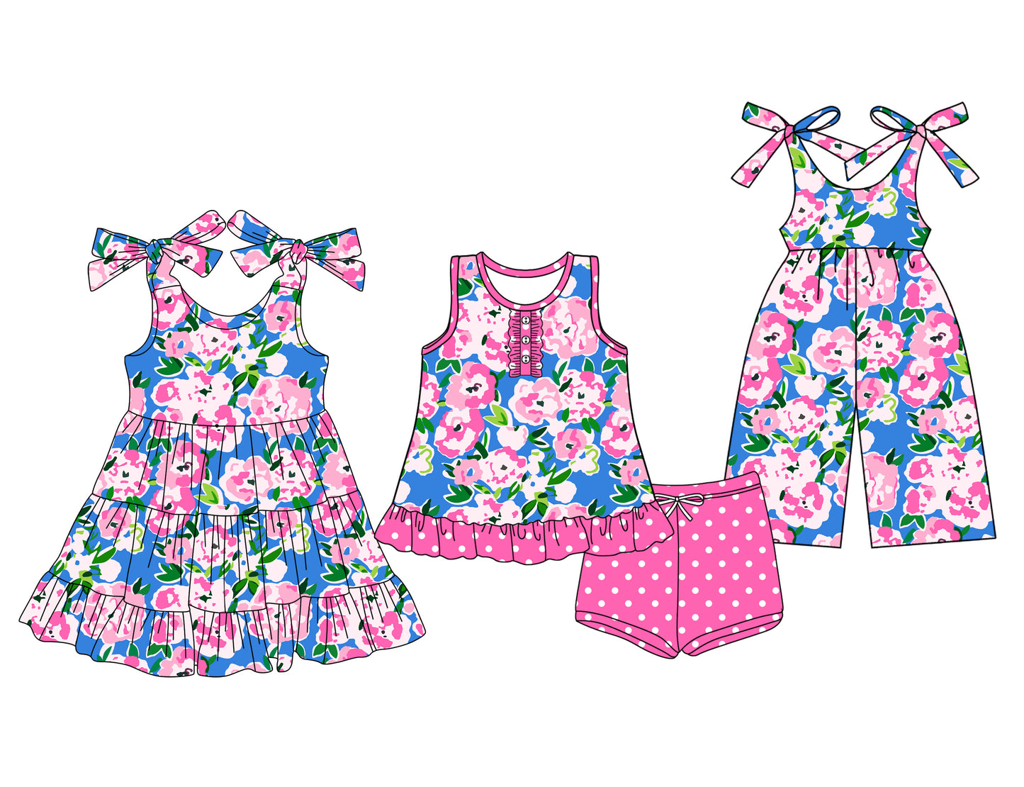 3.14 custom each style moq 5eta 4-6week Sibling Sister floral baby girl short sleeve shorts sets and dresses and jumpsuit match design