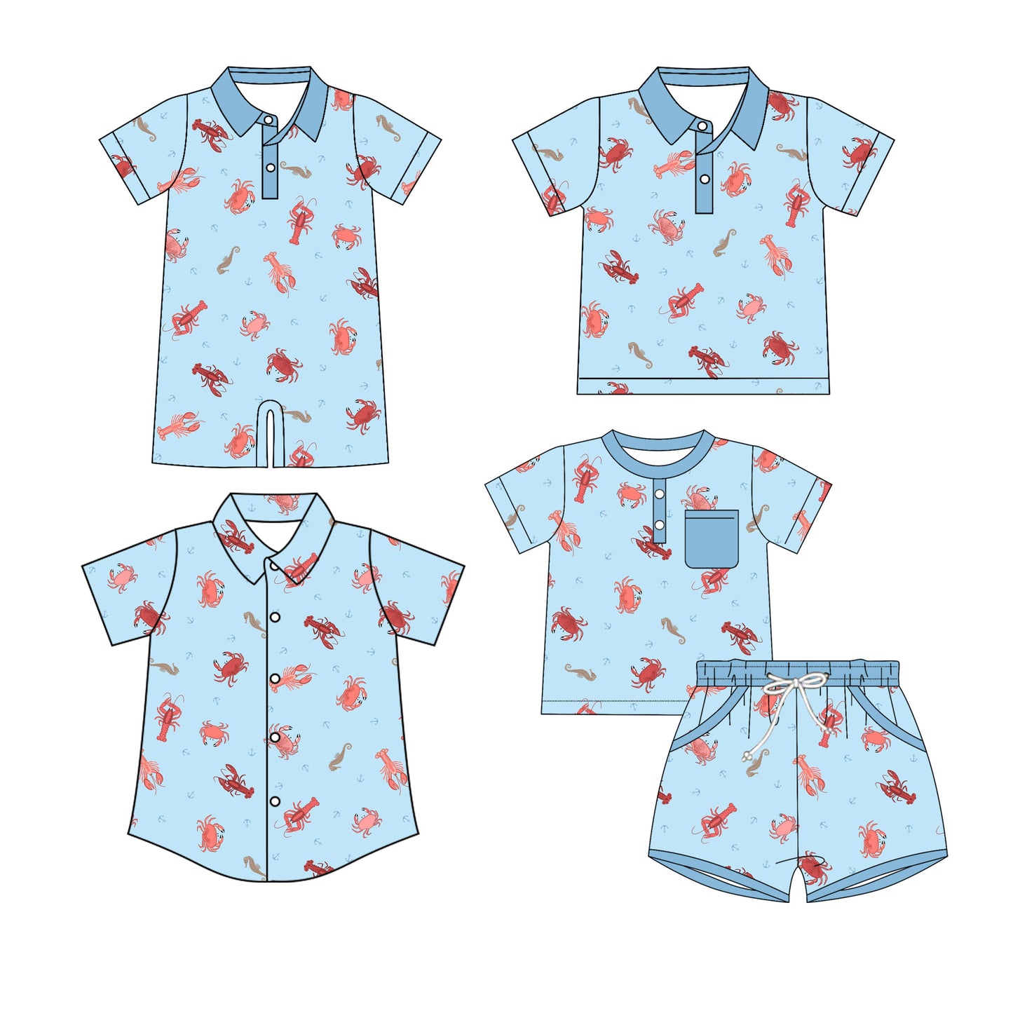 25.10.29 custom each style moq 5 eta 6-8 week Sibling Sister crab crayfish baby boy short sleeve shorts sets and boy rompers and top 2 match family design