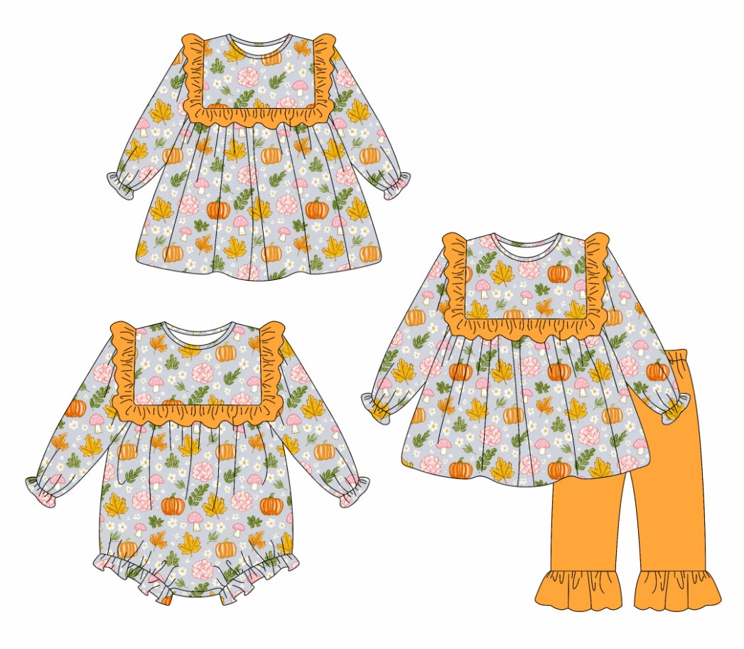 25.5.28 custom each style moq 5eta 4-6week Sibling Sisters pumpkin floral baby girl long sleeve pants sets and dress and rompers match family design