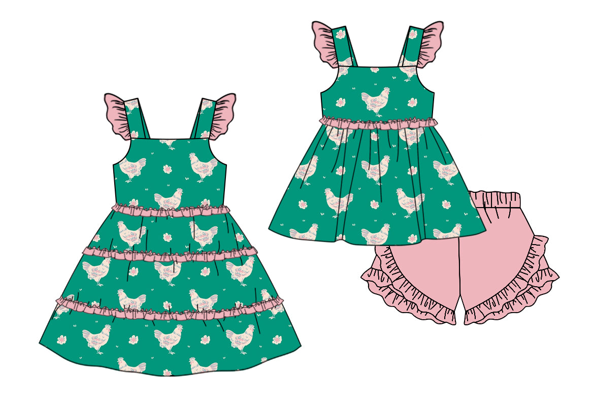 11.13 custom each style moq 5eta 4-6week Sibling Sister hen green baby girl short sleeve shorts sets and dresses match design