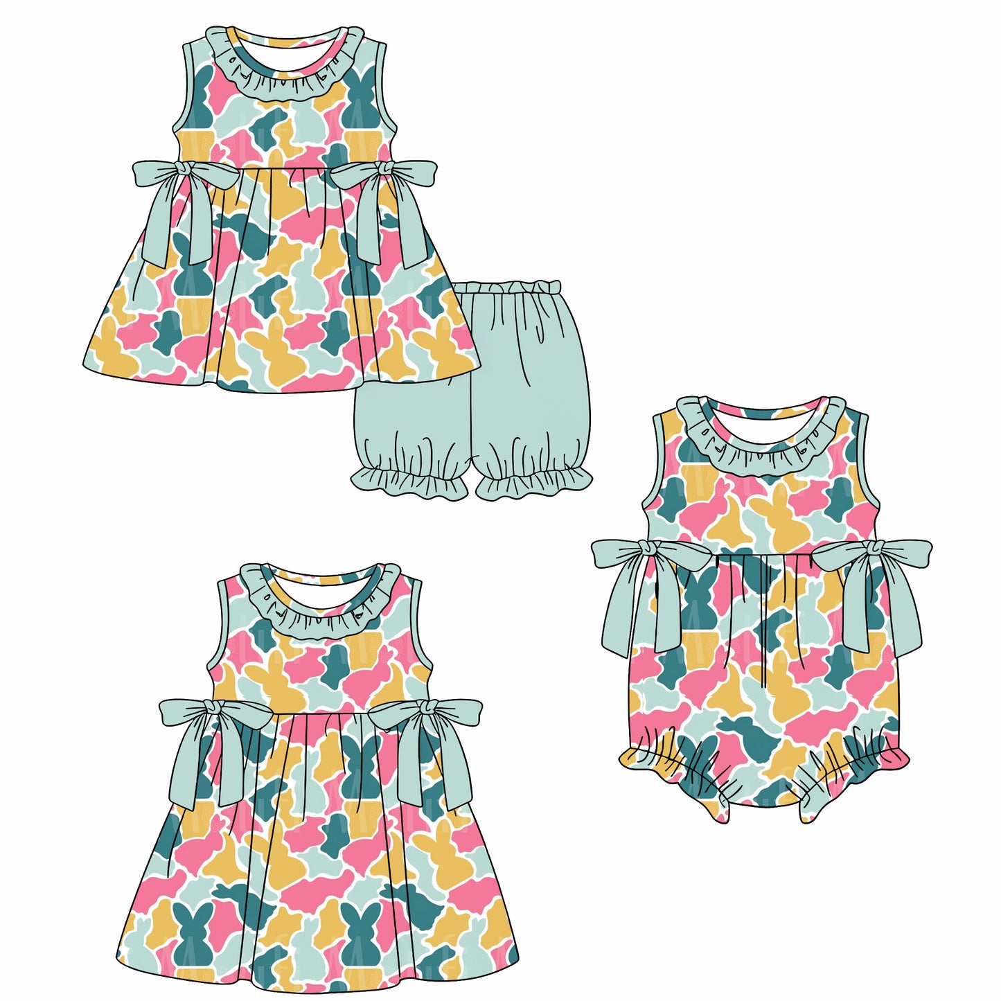 26.1.15 custom each style moq 5 eta 6-8week Sibling Sister camouflage bunny baby short sleeve shorts sets and romper and dress match design