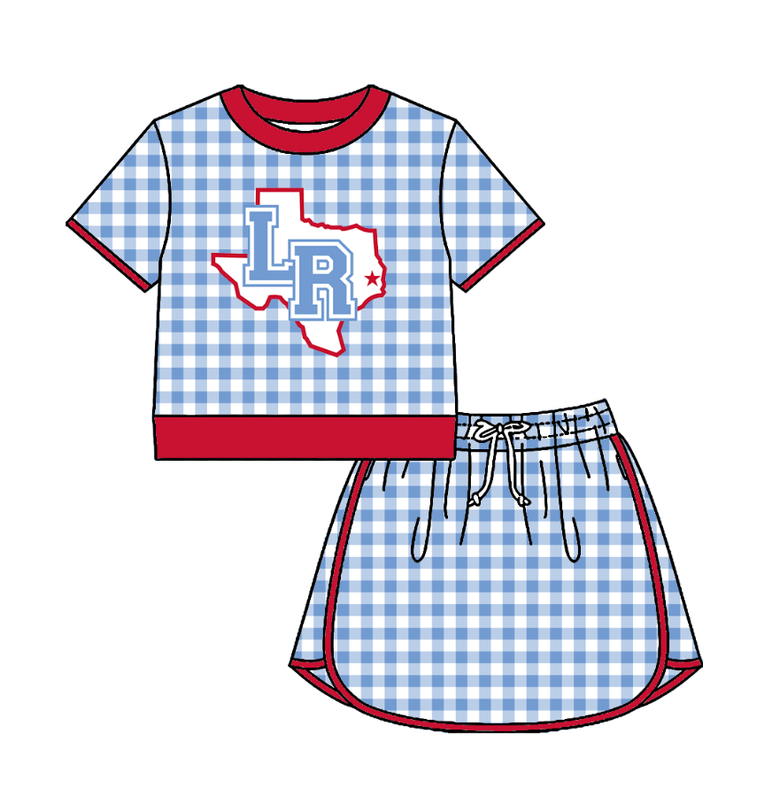 Custom moq 5 mix size milk silk summer teams Baby Girls Light Blue Plaid Short Sleeve Top Skirt Two Piece Set