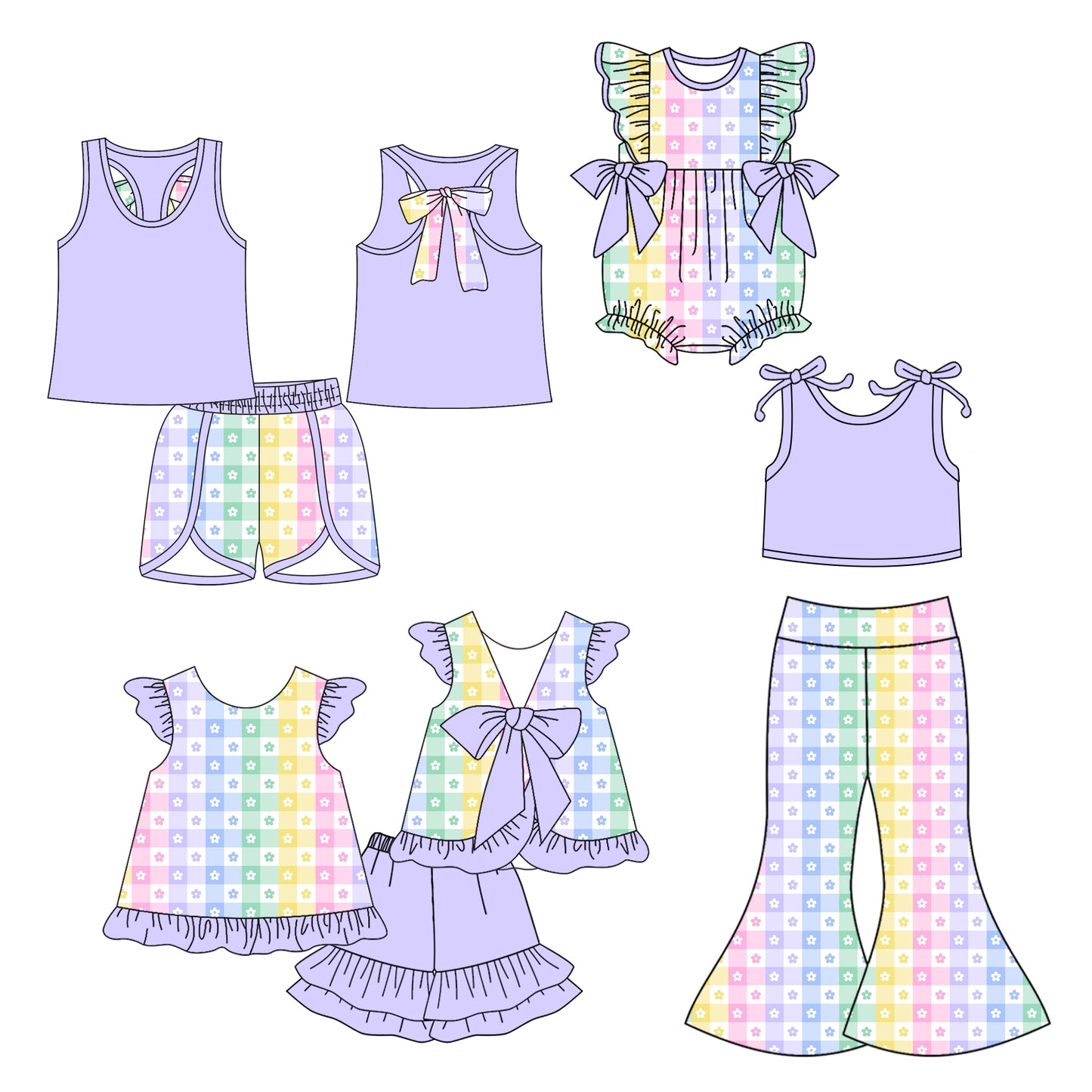 4.23 custom each style moq 5eta 4-6week Sibling Sisters baby girl short sleeve shorts sets 1 and sets 2 and pants sets and rompers match family design