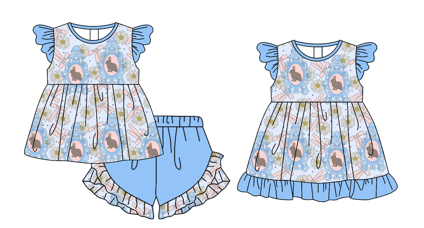 25.12.30 custom each style moq 5 eta 6-8week Sibling Sister bunny bow floral baby short sleeve shorts sets and dress match design