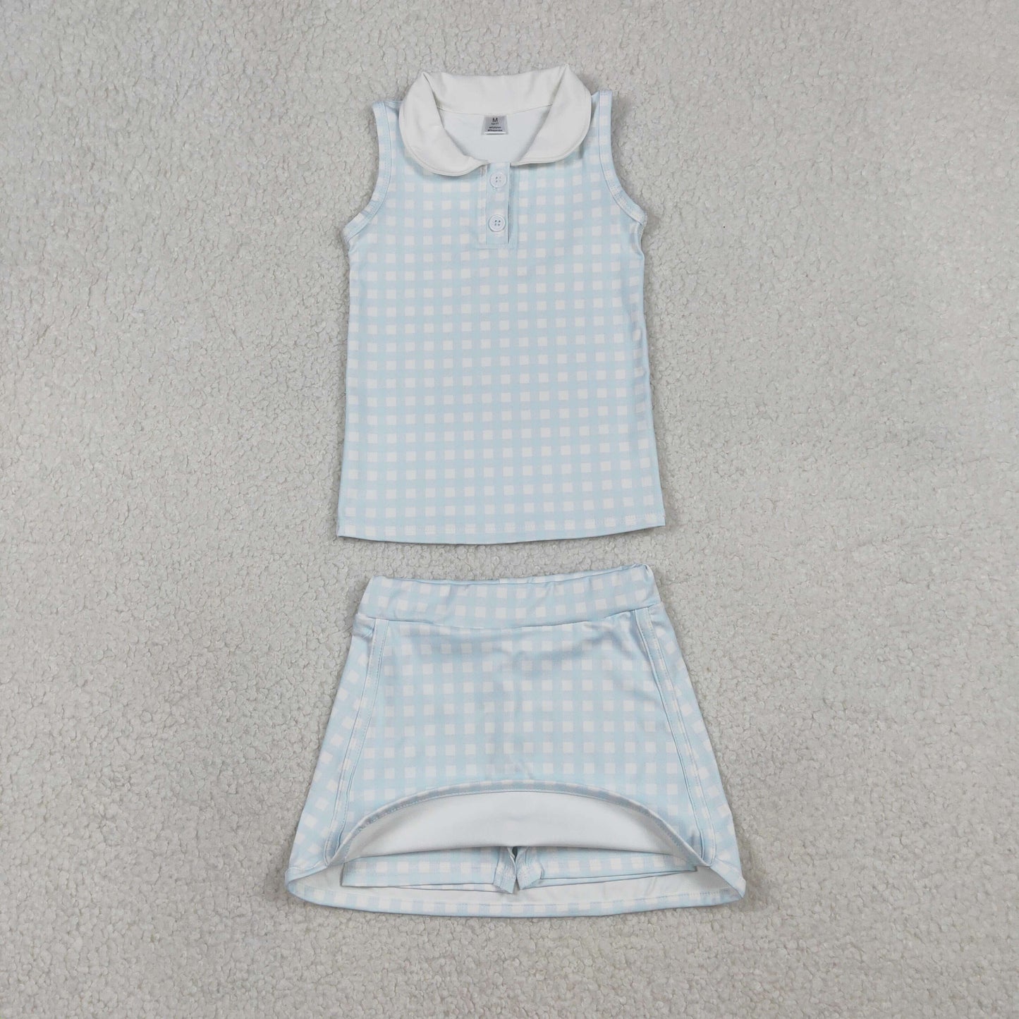 RTS NO MOQ(In Stock) GSD3375 Light Blue Plaid Button Sleeveless Yoga Set